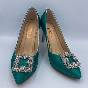 FSJ Jeweled Green Sation Rhinestone Stilettos Heel